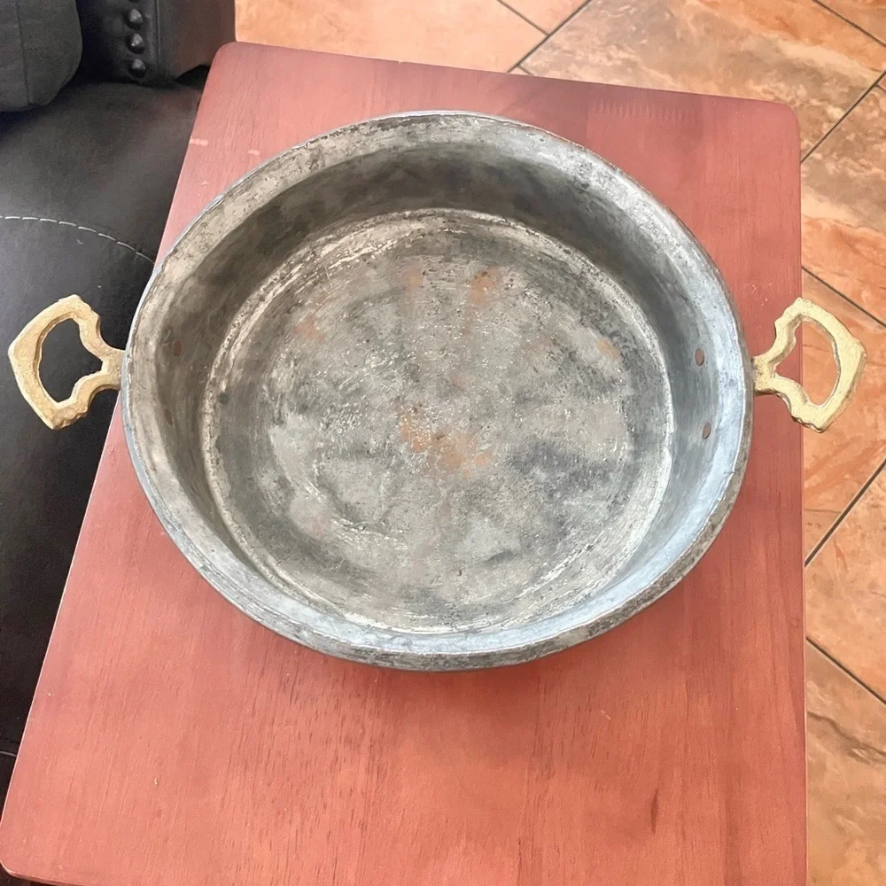 Vintage Copper Brass Round Hammered Bottom Pan Double Handles Wall Decor